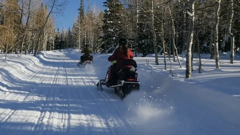 Beautiful slow motion close up video showing family riding snowscooter Stock-Footage 110904778