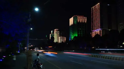 Beautiful Slow shutter timelapse of the big busy road on Light festival at n Stock Footage 204711187