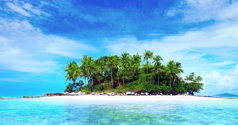 Beautiful Small Island. Coconut Palm Trees on Sandy Beach at Sunny Summer Day 4k 库存影片 60373653