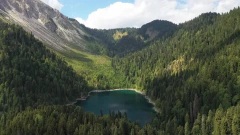 Beautiful small lake in mountain forest, aerial view Stock Footage 151341989