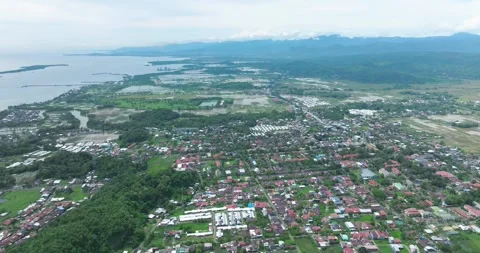 Beautiful Small Town Between Ocean and Mountains – Drone Aerial Stock Footage 307511472