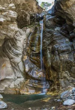 Beautiful small waterfall on spring day, Nepal. Stock Photos