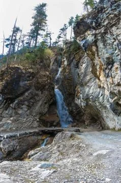 Beautiful small waterfall on spring day, Nepal. Stock Photos