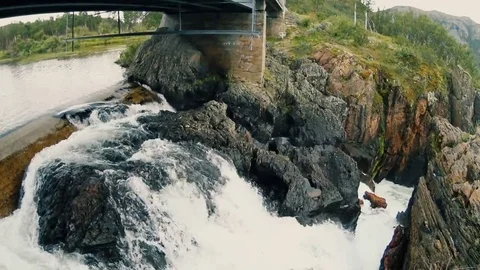 Beautiful small waterfall top view. Finnmark, Norway. Summer 2016 Stock Footage 69176113