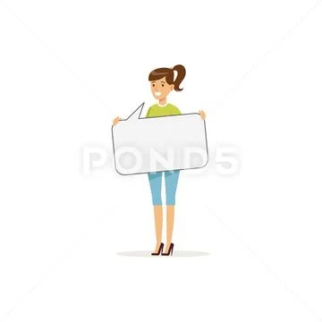 Beautiful smiling woman character with empty message board, speech bubble vector Stock Illustration