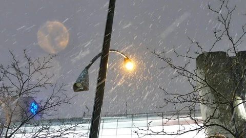 Beautiful snow at night with spotlight Stockbeeldmateriaal 125548385