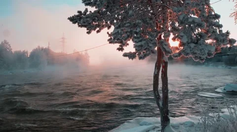 Beautiful snow. Sunset in the winter . Rough River. The snow sparkles . Stock Footage 62072437