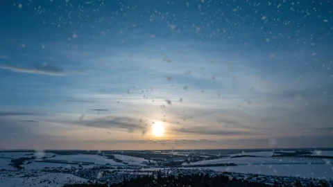 Beautiful snowfall and winter landscape, time lapse with sunset, winter Stock Footage 232336490