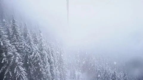 Beautiful snowfall over a pine tree forest seen from a cable car 스톡 동영상 73414815