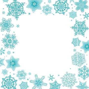 Beautiful snowflakes, falling snow frame, border 스톡 일러스트