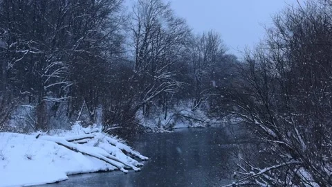 Beautiful snowflakes slowly fall against the background of the river Stock Footage 168963178