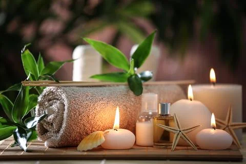 Beautiful spa composition on bamboo mat Stock Photos