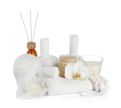 Beautiful spa composition with different body care products isolated on white Stock Photos