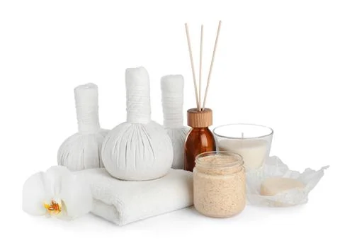 Beautiful spa composition with different body care products isolated on white Foto stock