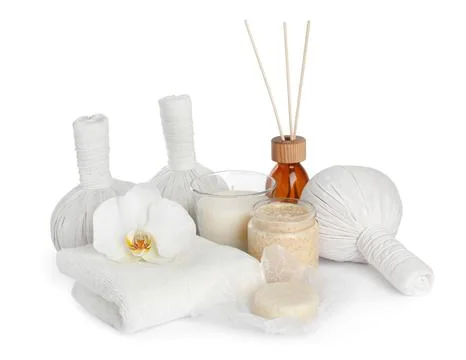 Beautiful spa composition with different body care products isolated on white Stock Photos