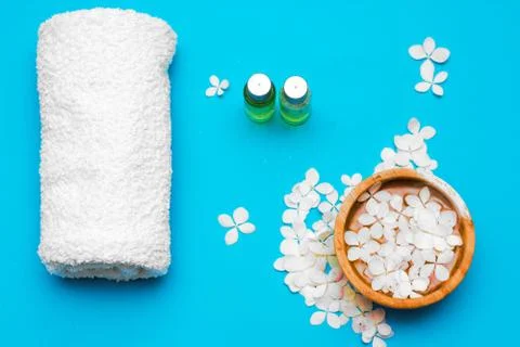 Beautiful spa composition on massage table in wellness center Stock Photos