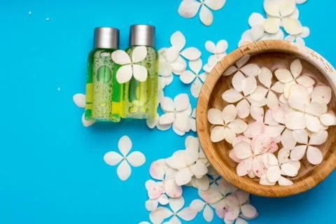 Beautiful spa composition on massage table in wellness center Stock Photos