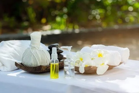 Beautiful spa composition on massage table. Stock Photos