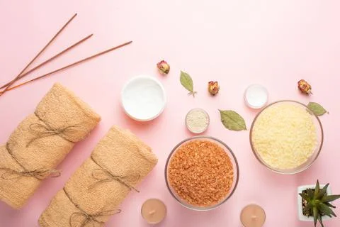 Beautiful spa composition on a pink background. Spa, relaxation, skin care an Stock Photos