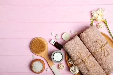 Beautiful spa composition on a table top view with place for text. Stock-Fotos