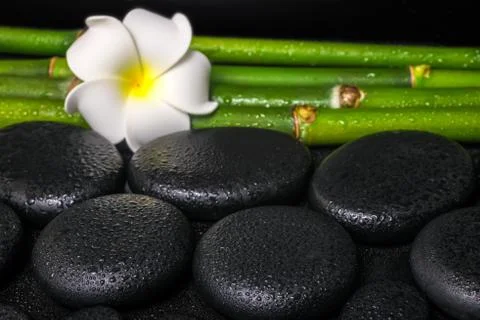 Beautiful spa concept of zen basalt stones, white flower frangipani and nat.. Foto stock