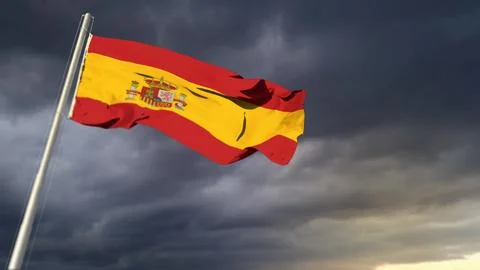 Beautiful Spain flag on massive dark clouds bg - abstract 3D illustration Stockillustratie