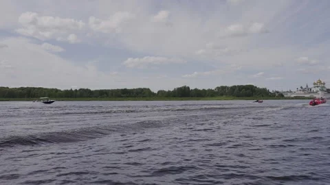 Beautiful splashes and marks on the water from a motorboat Stock Footage 329248548