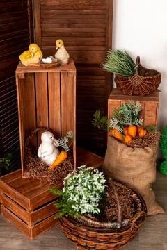 Beautiful Spring Decor Featuring Adorable Bunnies, Colorful Carrots, and Fresh Stock Photos