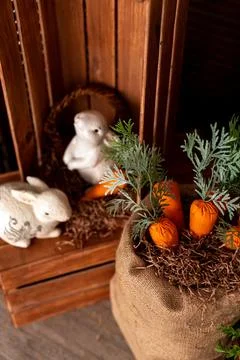 Beautiful Spring Decor Featuring Adorable Bunnies, Colorful Carrots, and Fresh Stock Photos