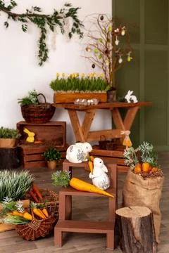 Beautiful Spring Decor Featuring Adorable Bunnies, Colorful Carrots, and Fresh Stock Photos