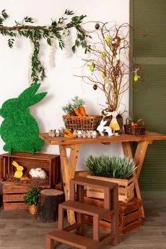 Beautiful Spring Decor Featuring Adorable Bunnies, Colorful Carrots, and Fresh Stock Photos
