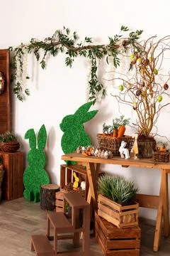 Beautiful Spring Decor Featuring Adorable Bunnies, Colorful Carrots, and Fresh Stock Photos