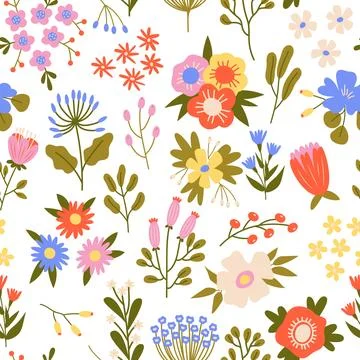 Beautiful spring flowers seamless pattern. Cute repeated plants, color cartoon Stock Illustration