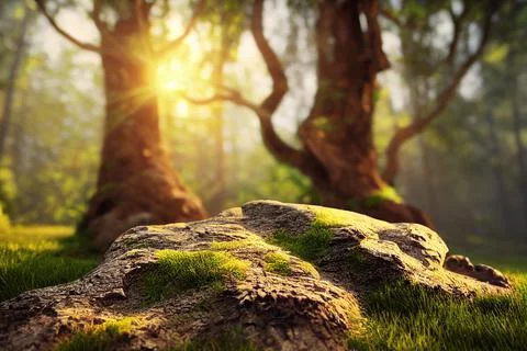 Beautiful Spring Forest Floor Background Trees Moss Sunlight Stockillustratie