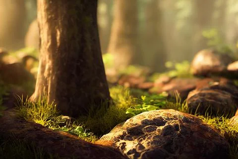 Beautiful Spring Forest Floor Background Trees Moss Sunlight Stockillustratie