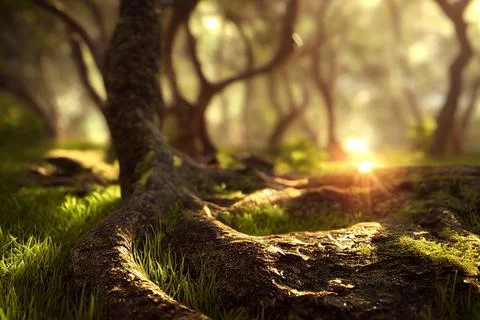 Beautiful Spring Forest Floor Background Trees Moss Sunlight Stock Illustration