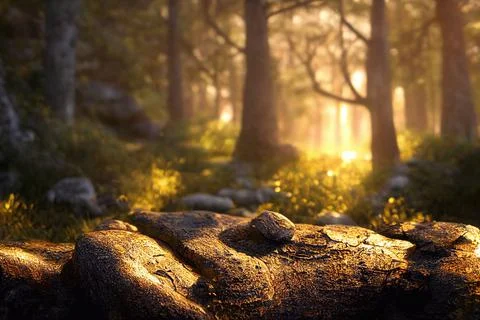Beautiful Spring Forest Floor Background Trees Moss Sunlight Stock Illustration