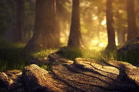 Beautiful Spring Forest Floor Background Trees Moss Sunlight Stock Illustration