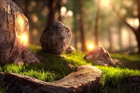 Beautiful Spring Forest Floor Background Trees Moss Sunlight Stock Illustration