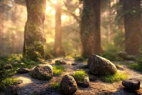 Beautiful Spring Forest Floor Background Trees Moss Sunlight Stock Illustration