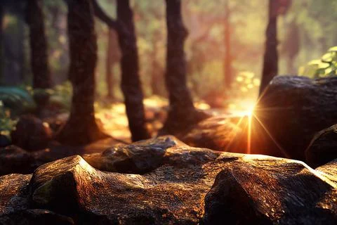 Beautiful Spring Forest Floor Background Trees Moss Sunlight Stockillustratie