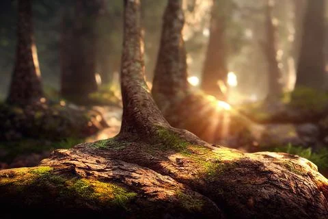 Beautiful Spring Forest Floor Background Trees Moss Sunlight Stockillustratie