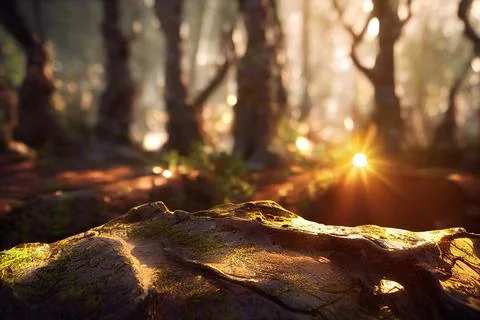 Beautiful Spring Forest Floor Background Trees Moss Sunlight Stock Illustration