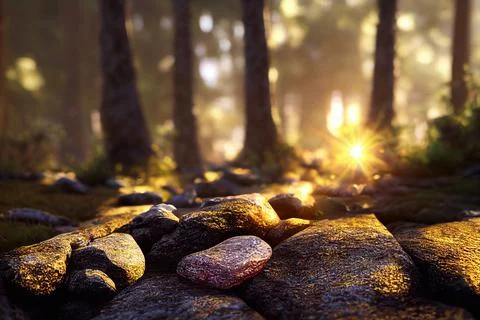 Beautiful Spring Forest Floor Background Trees Moss Sunlight Stock Illustration