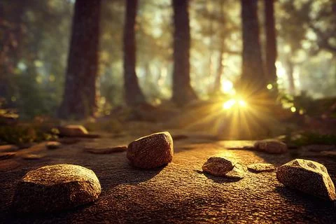 Beautiful Spring Forest Floor Background Trees Moss Sunlight Stockillustratie
