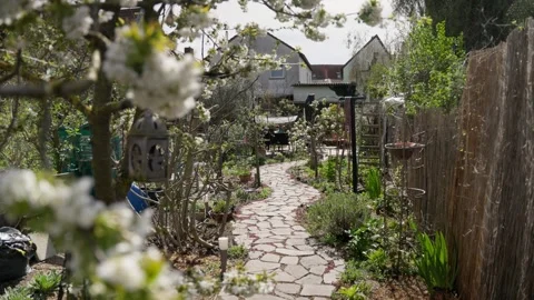 Beautiful Spring Garden with Stone Path and Blooming Trees Stock Footage 332371995