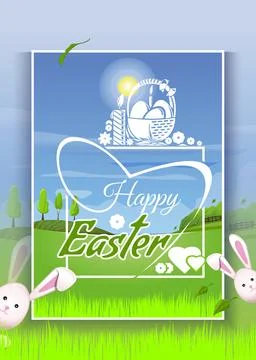 Beautiful spring landscape with cute Easter bunny Stock Illustration