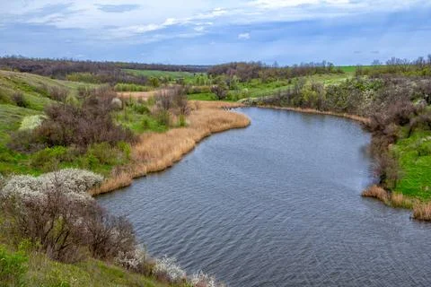 Beautiful spring landscape with river Stock Photos