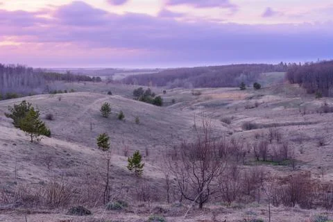 Beautiful spring landscape: sunset, trees, forest, mountains, hills, fields,  Foto stock