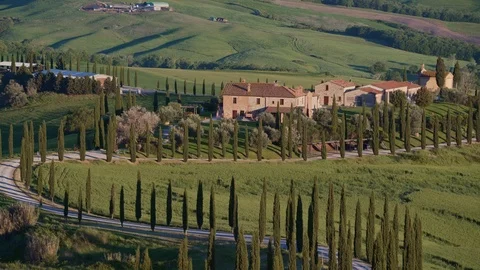 Beautiful spring landscape, view with cypresses road and Italian houses, Tuscany Stock Footage 123861968